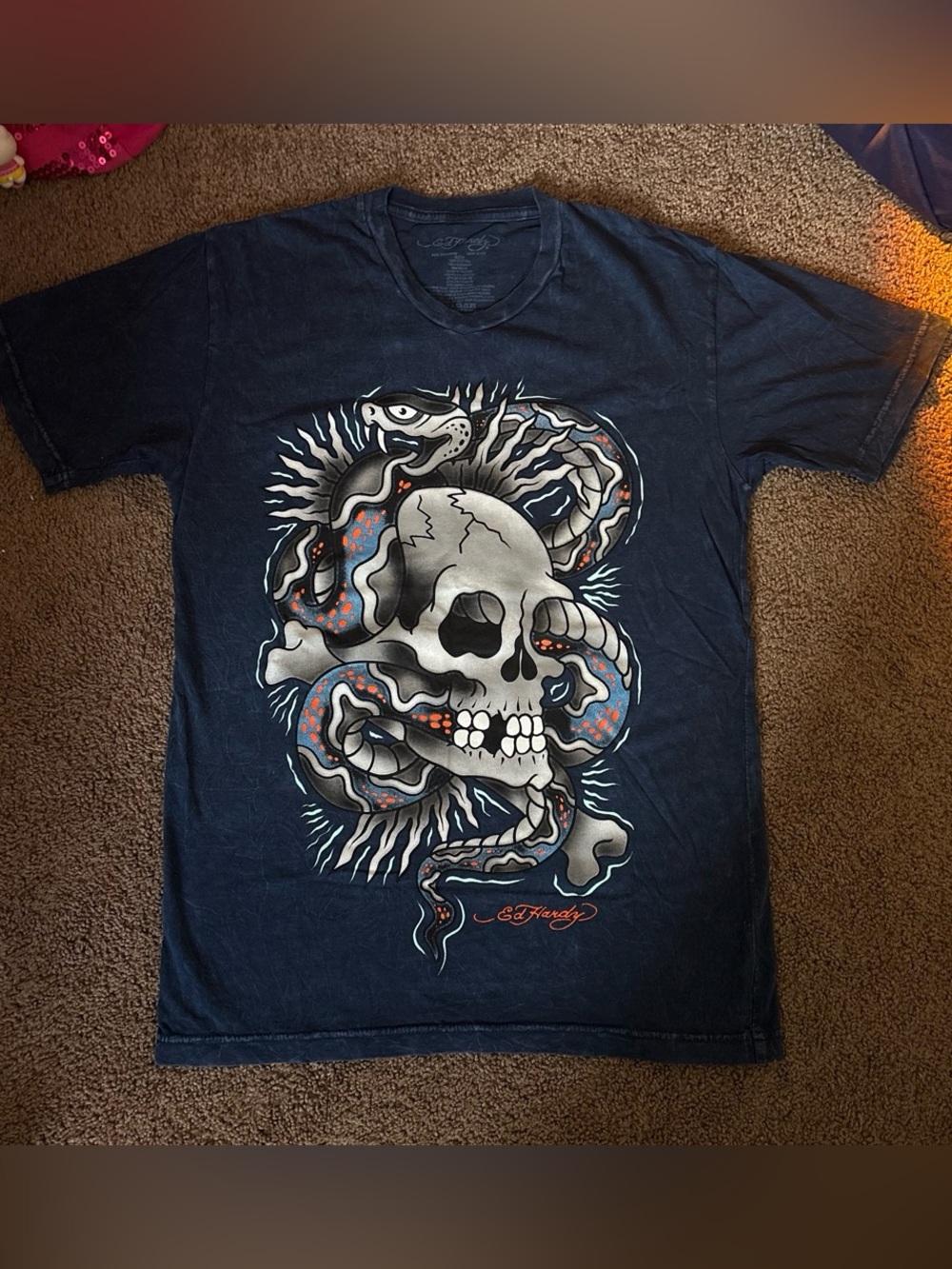 Vintage Ed Hardy Navy Skull & Snake Graphic Tee with Orange Accents